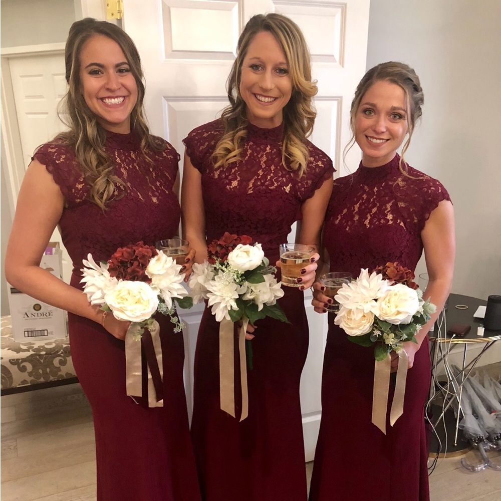 Lulus bridesmaid dress, red wine/maroon color, lace top, open/low back, size s
